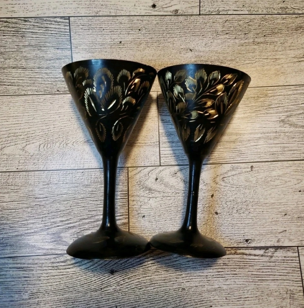 Black Metal Etched Cups Set Of 2 Decor - Picture 5 of 8